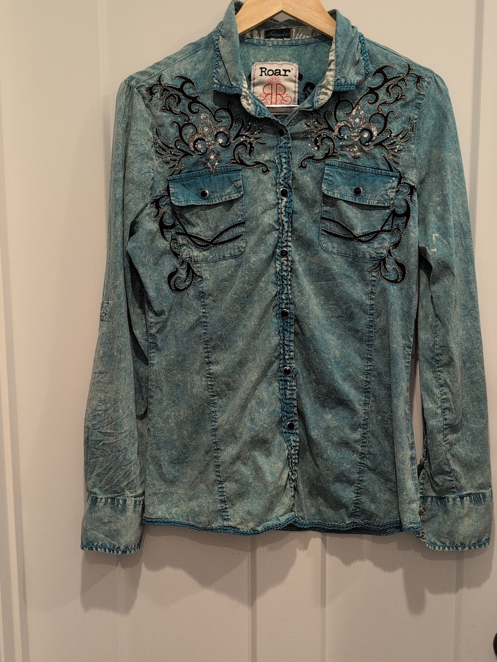 Roar Teal Washed Denim Embroidered Shirt Jacket - Picture 1 of 13